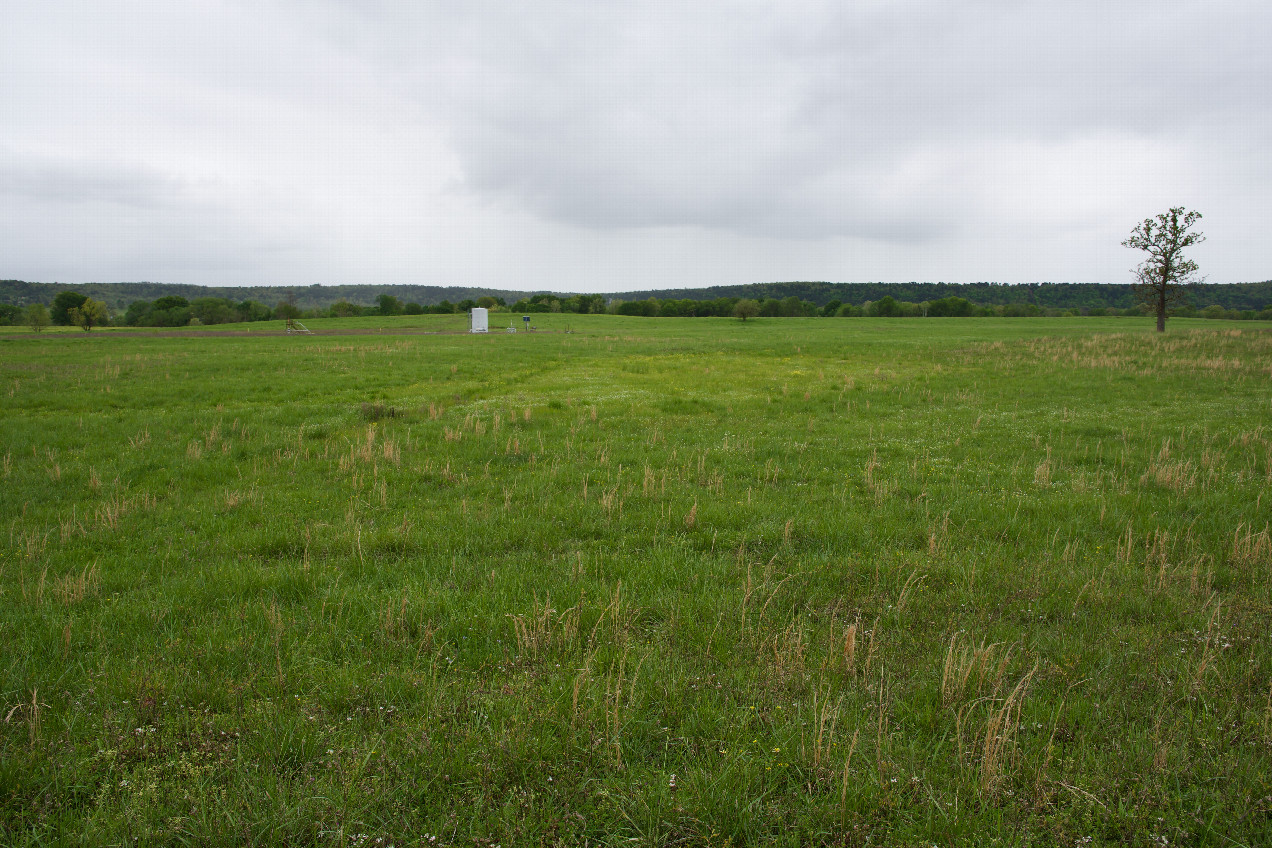 The confluence point lies in a farm field.  (This is also a view to the South, towards a small petroleum processing facility nearby.)