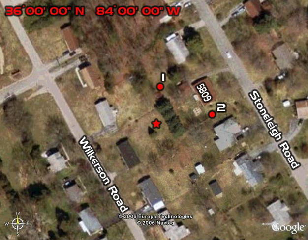 Consulting the Google Earth © aerial photography prior to this attempt would have greatly simplified the visit! [The star indicates the “ten zero” spot in the backyard of 5816 Wilkerson.  The red circles mark the photographer’s loca