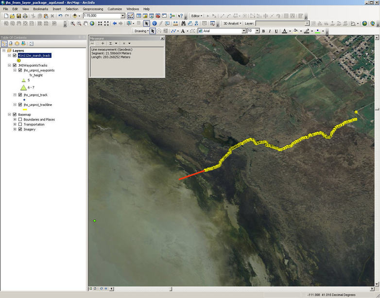 GPS track toward the confluence (yellow dot at left).  Looks like I only had 283 meters to go in order to reach dry ground, then 1 km to confluence.