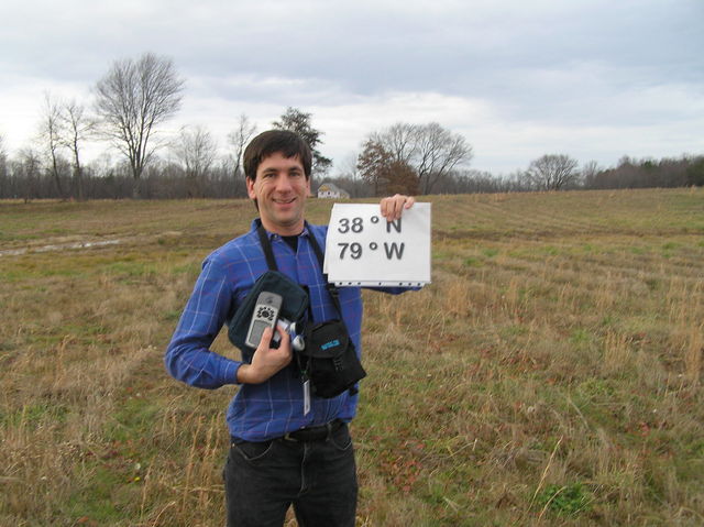 Joseph Kerski at the confluence of 38 North 79 West in Virginia.
