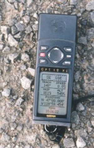 My GPS, c. 2800 ft from the confluence, at the boat launch on the Columbia.
