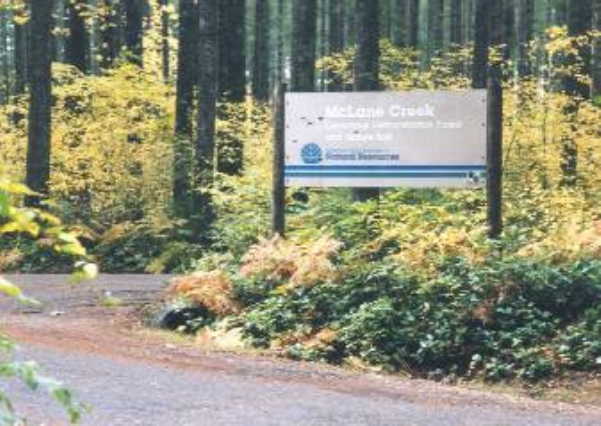 The entrance to the McLane Creek nature trail and demonstration forest.