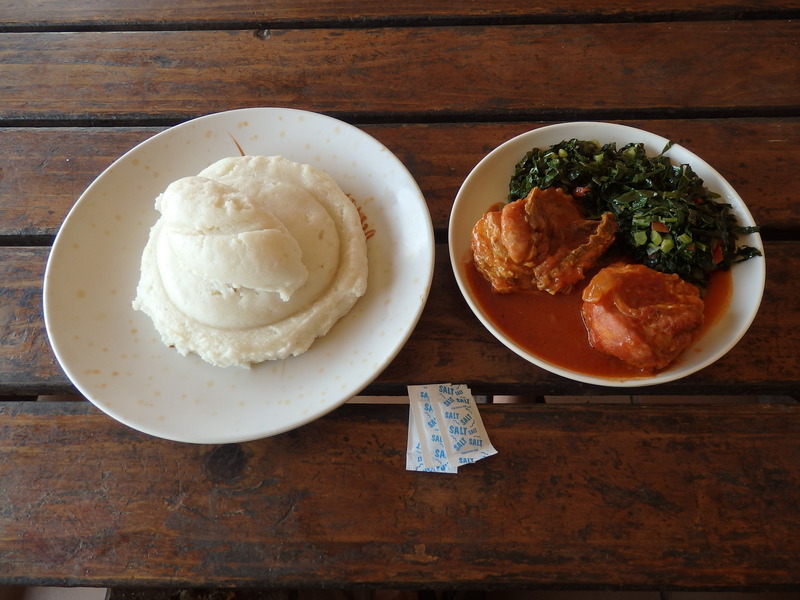 Lunch with Nshima, chicken, and spinach