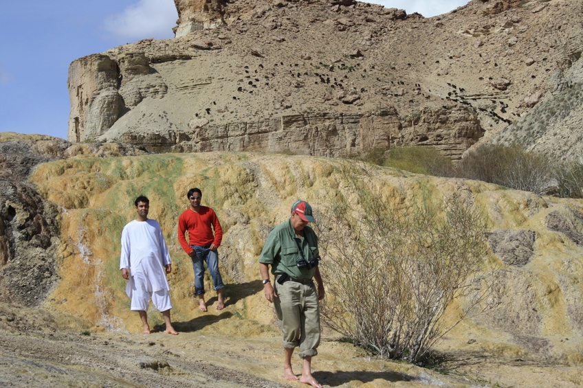 Sayeed, Jamshaid, and Vaughan visiting a waterfall at Band-e Amīr