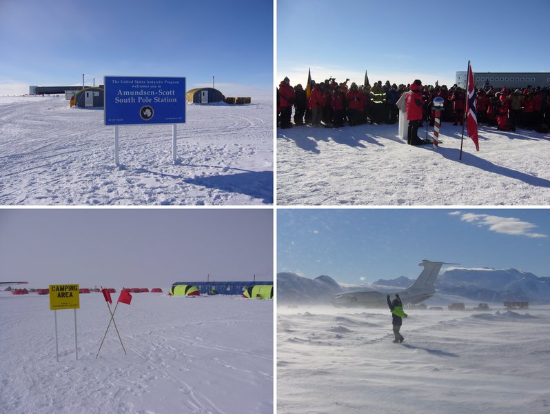 Welcome at visitor's centre · Prime minister Stoltenberg speaking at Ceremonial Pole · World's southernmost camp resort · Windy departure from Antarctica