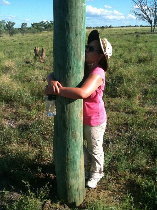 Julie showing her affection for the power line post closest to the confluence