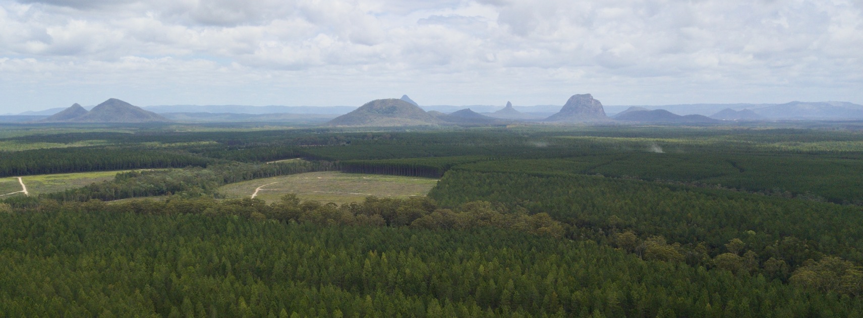 Looking Northwest towards the Glasshouse Mountains, from 120m above the point