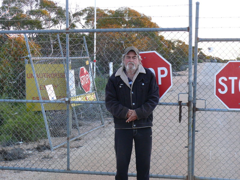 Robyn at the front gate of Maralinga