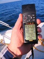 #2: The all important GPS shot, 3.5 metres from the confluence in a moving boat!