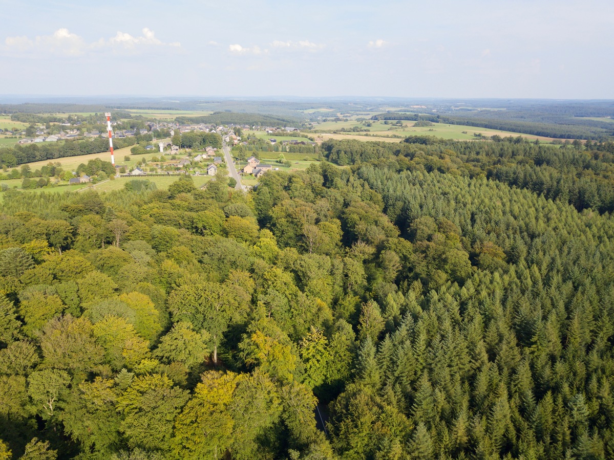 View East towards the nearby village of Haut-Fays, from 90m above the point