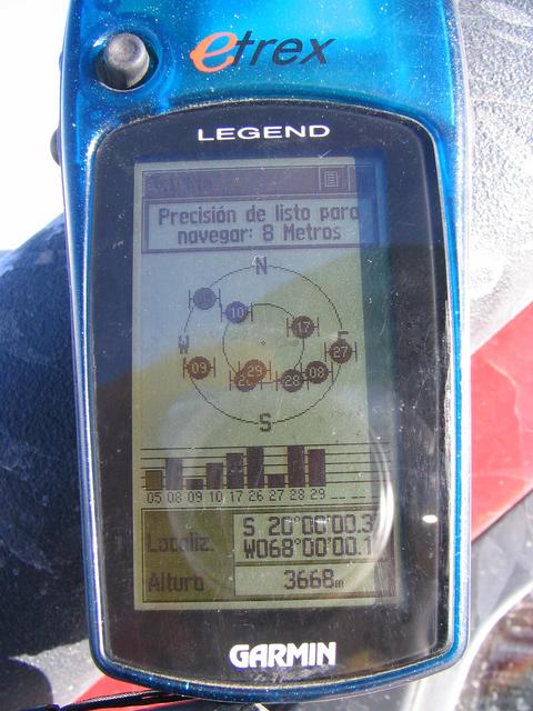 Garmin GPS showing 20°S 68°W