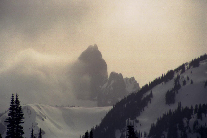 Closeup view of The Black Tusk shrouded by clouds