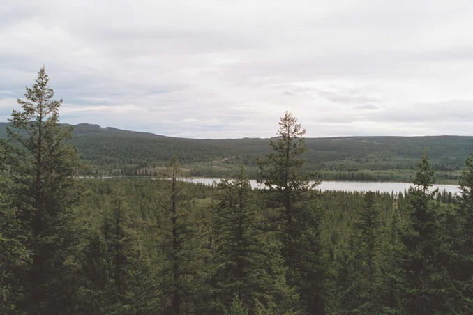 From viewpoint on Highway 20, above Pyper Lake - confluence is 13.8km SE