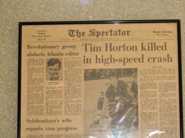 The old newspaper with the article about Tim Horton’s death at the Cochrane’s Tim Hortons doughnut shop