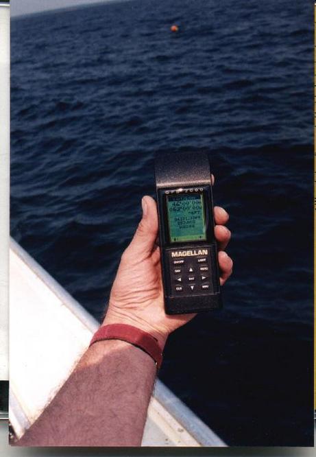 GPS reading at the confluence with lobster dog trawl buoy in background
