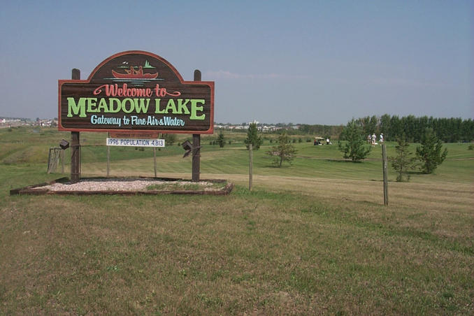 Meadow Lake town sign.  "Gateway to Pure Air and Water"