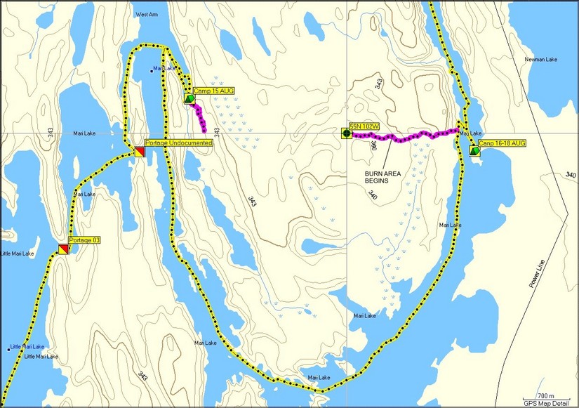 Map showing the canoe and hiking tracks