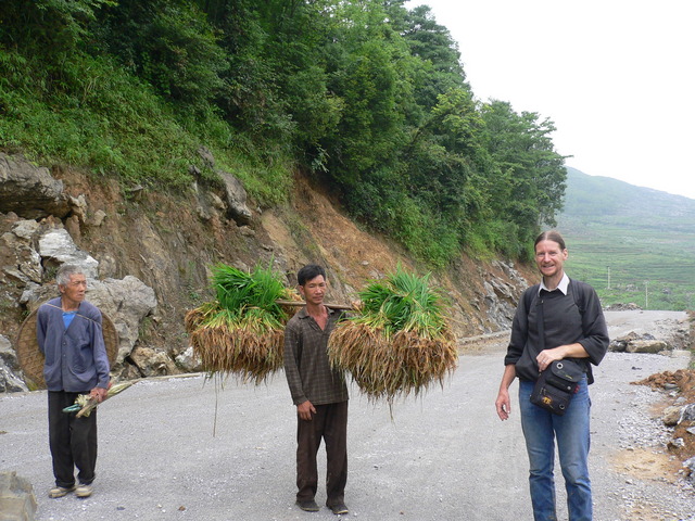 The local who saved Targ from the two vicious dogs, carrying some rice plants ready for replanting.