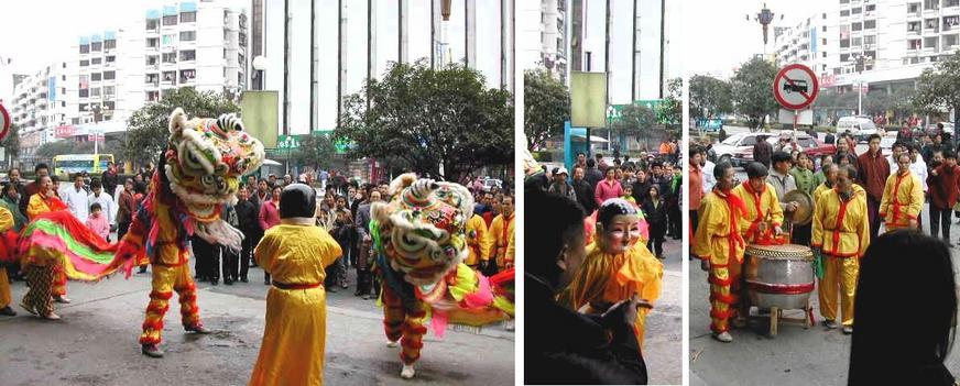 The Chinese New Year Dragon Dance with two dragons, a dragon tamer, and a drum crew.
