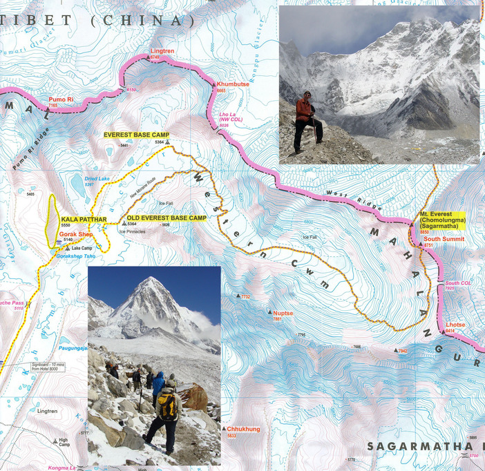 Route to Mt. Everest (Sagarmatha)(Chomolungma), with inserts of Kala Pattar and Everest Base Camp.