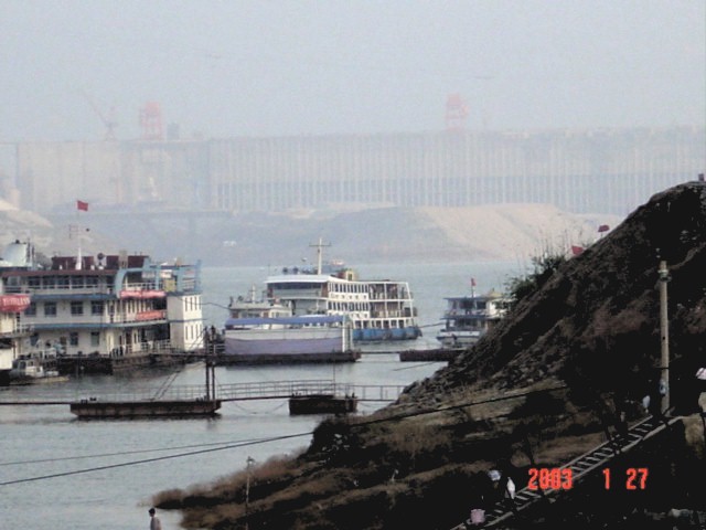 Docks at Zigui with the Three Gorges Dam (upstream side) in the background