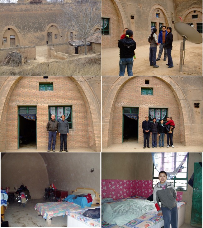 Cave homes; in the courtyard; Eric & Caveman; Cave family; Cave interior; Jadelynne by the bed with wood fire underneath for heat.