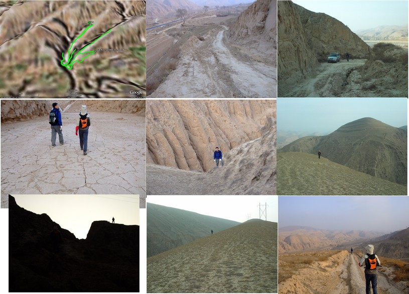 Hiking track; road to the CP; parked here; dried river bed; Jerry climbing up the ravine; Eric on the ridge; Jerry in silhouette; the long ridgeline; Jadelynne on the ridge.