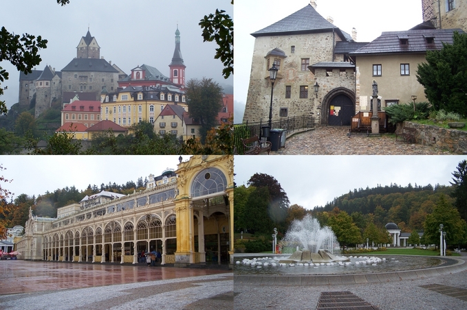Loket castle (upper), colonnade and the “singing” fountain in Mariánské Lázně (lower)