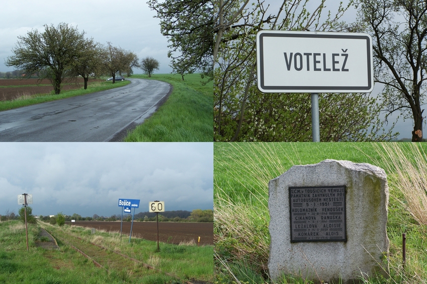 Road to Votelež and the railway stop Bošice zastávka with the bus accident monument