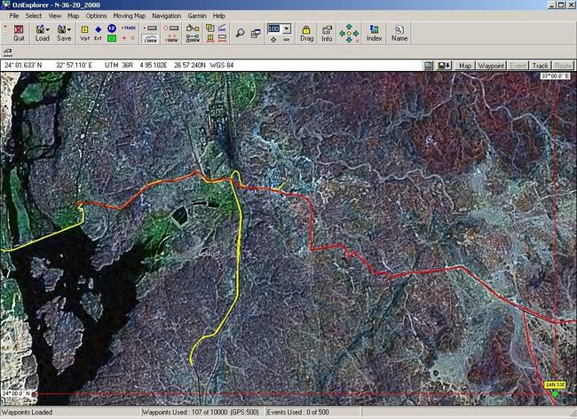 OziExplorer map of tracks: The red track on the sat imagery is what I had digitized; the yellow is the track that we drove