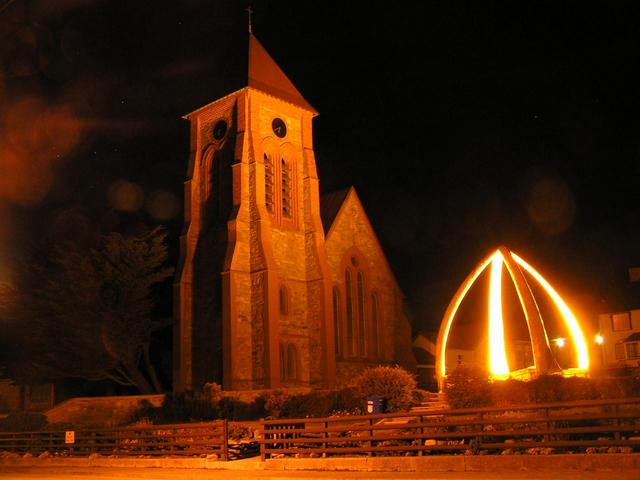 The cathedral of Stanley/Puerto Argentino and the monument made of whale bones