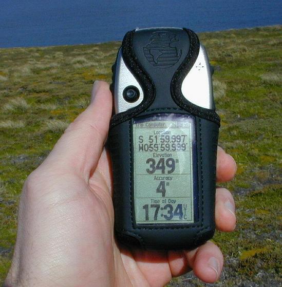 GPS readings.  Please note that the altimeter wasn't calibrated and so the photographed reading is incorrect.  Post-visit data reduction implies a confluence altitude of 148 +/- 5 meters above sea level.