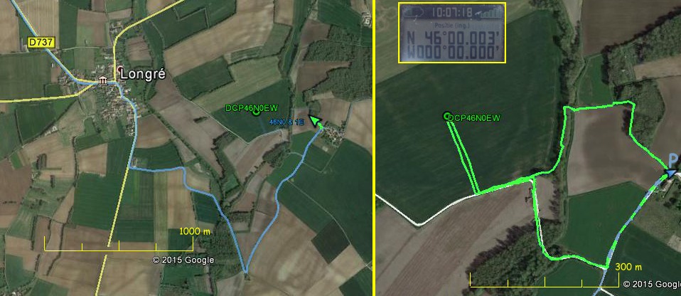 The track by car (blue) and by foot (green) with GPS display