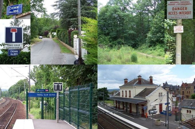 Chemin des Bois road, mid-forest glade with warning plate, and the railway station in Triel-sur-Seine