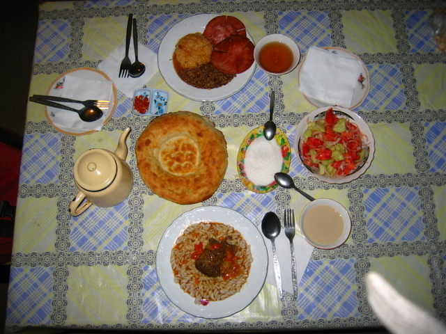 Kyrgyz Dinner with buckwheat, Tea, Salad, Nan (Bread)