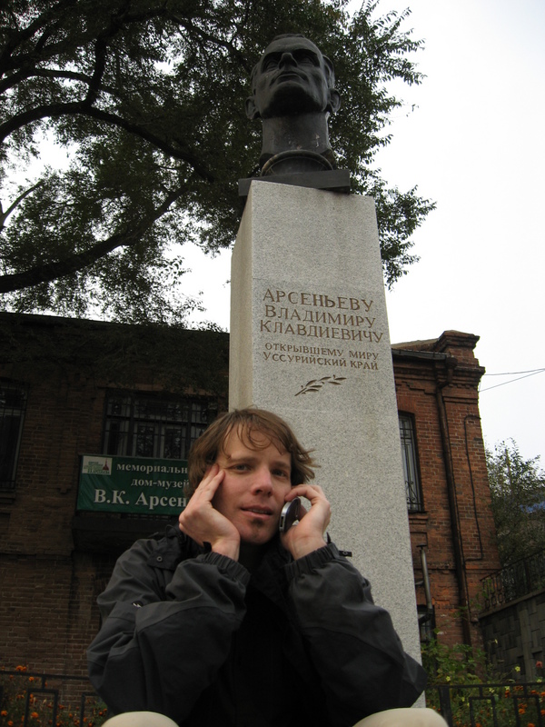 Me on the phone to the captain in front of the monument to Klavdievich.  This is where all hope ended.