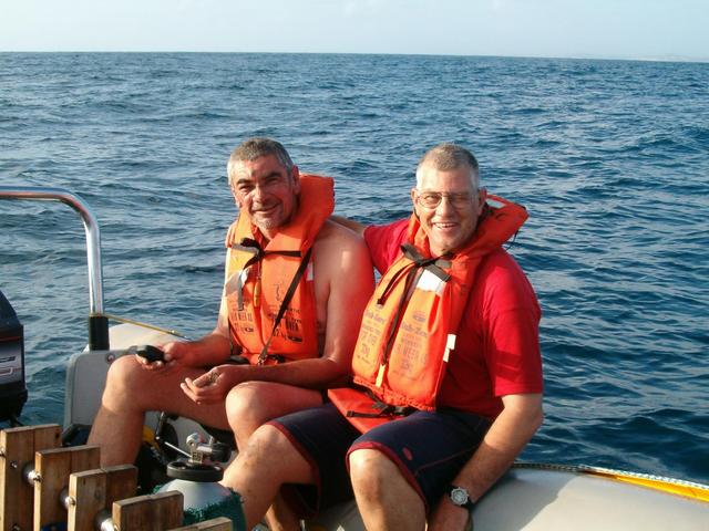Gys and myself on the boat. Swelling and bruising on my forehead is the result of the previous day's attempt