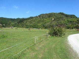 #1: View of the confluence looking west across Abel Tasman Ocean View Chalets pastureland, with the confluence 33 m up-slope on the hill
