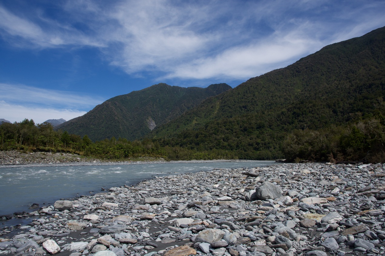 Looking Southeast up the Hokitika River from the river’s edge, near the point