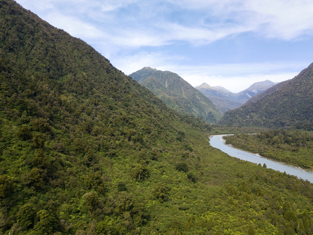 View East (of the Hokitika River, flowing from its headlands in the Southern Alps) from 120m above the point