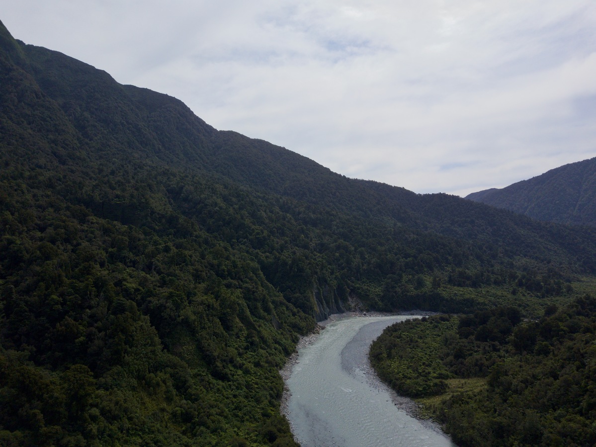 View West (of the Hokitika River, flowing towards the Tasman Sea) from 120m above the point