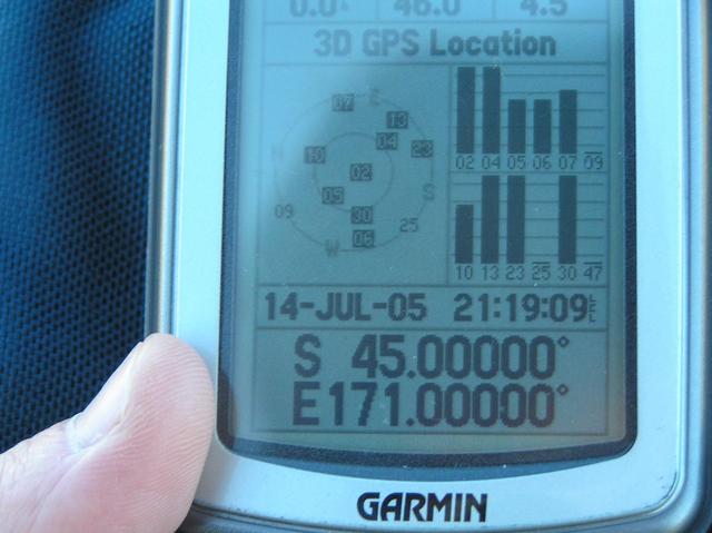 GPS reading at confluence; note that the local time is set for North America, one day earlier.