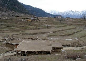 #1: The village of Shera Kot.  The jumbles of lumber are structures destroyed in the earthquake.