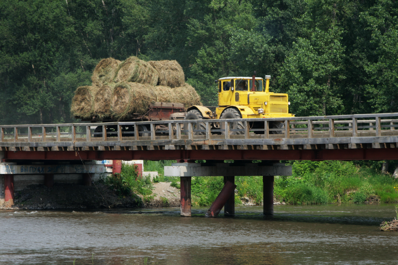 Kirovets K700 crossing bridge over Anuy river transporting hay harvest