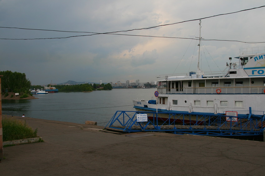View of Krasnojarsk and Yenisei River at hotel ship "Lithuania"