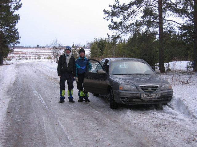 (From left) Artem Sismekov and Roman Churakov. On the road 200 metres from the confluence