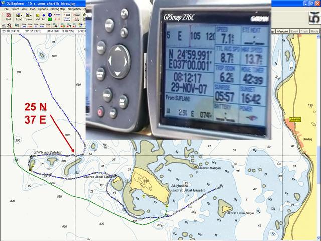 Snap from video of Garmin GPSmap 276C at Confluence: 24°59.991'N 37°00.001'E; Background shows a detailed portion of a Red Sea nautical chart and overlain ship's tracks from OziExplorer.