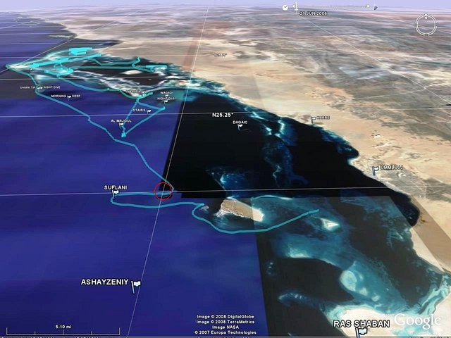 3D perspective view of the confluence area (red circle) and associated ship's tracks (in blue) from this coastal visit.
