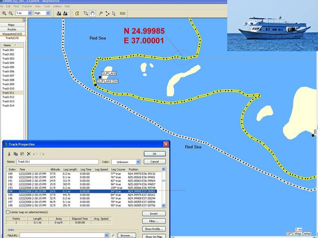 M/V Dream Island ship track posted on Garmin MapSource map; Track point listing of 24.99985°N 37.00001°E is highlighted in blue on the map.