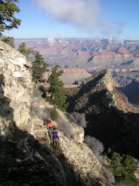 Early morning hikers descend the Grandview Trail on their way to Horseshoe Mesa.
